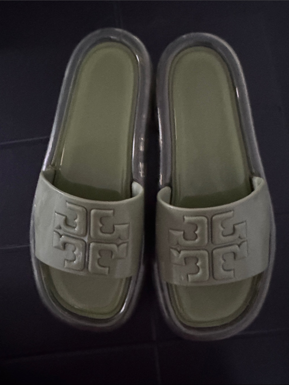 Tory Burch Olive Green Double-T Slide Sandals with Clear Platform